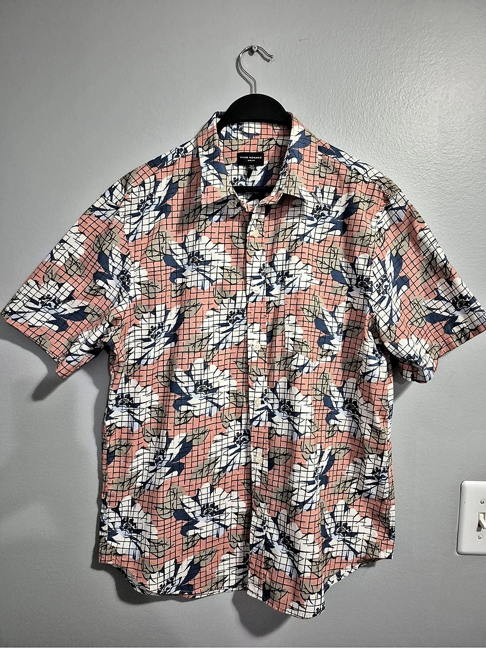 Club Monaco Slim Fit Floral Grid Short Sleeve Button-Down Shirt size large